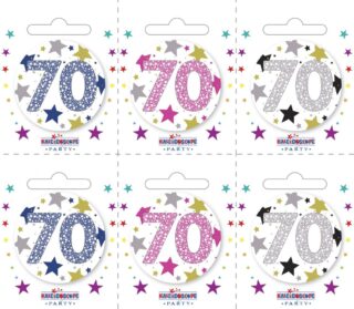 Age 70 Small Badges (6 assorted per perforated card) - 5.5cm - BA5227