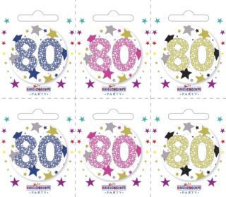 Age 80 Small Badges (6 assorted per perforated card) - 5.5cm - BA5228