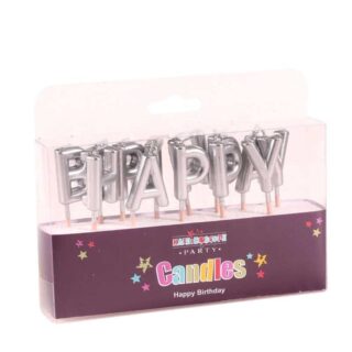 Happy Birthday Pick Candle- Metallic Silver -  Pack of 6