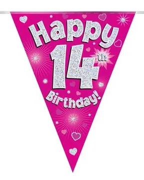 Party Bunting Happy 14th Birthday Pink Holographic 11 flags 3.9m - 630680