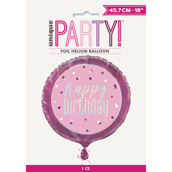 18" Glitz Pink & Silver Round Foil Balloon Packaged "Happy Birthday" - 83366
