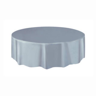 Silver Solid Round Plastic Table Cover - 84