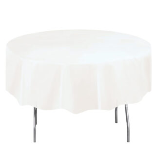 White Solid Round Plastic Table Cover - 84