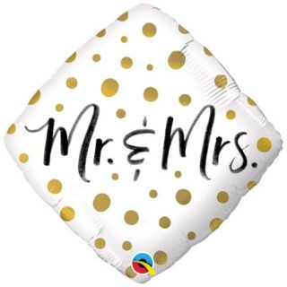 Mr & Mrs Square Balloon White With Gold Dots - 18