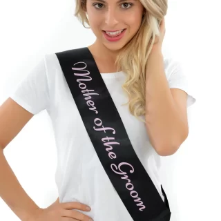 SASH MOTHER OF THE GROOM BLACK W/PINK TEXT