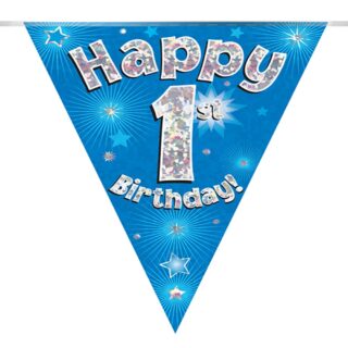 Party Bunting Happy 1st Birthday Blue Holographic 11 flags 3.9m - 631007