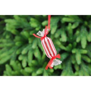 11cm Clear with Red Lines Glass Sweet with Ribbon - P045750