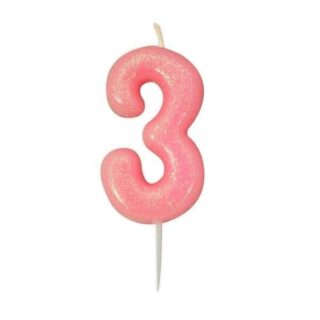 CLEARANCE - Creative Party - Age 3 Glitter Numeral Moulded Pick Candle Pink - AHC80/3