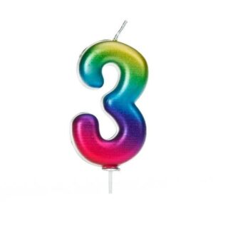 CLEARANCE - Age 3 Metallic Numeral Moulded Pick Candle Rainbow
