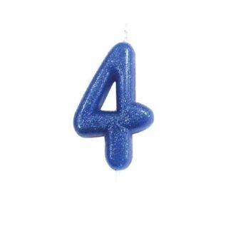 CLEARANCE - Creative Party - Age 4 Glitter Numeral Moulded Pick Candle Blue - AHC30/4
