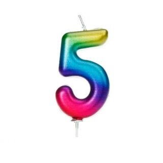 CLEARANCE - Creative Party - Age 5 Metallic Numeral Moulded Pick Candle Rainbow - AHC06/5
