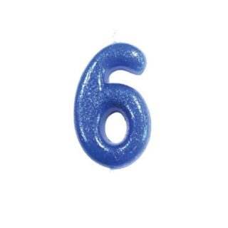 CLEARANCE - Age 6 Glitter Numeral Moulded Pick Candle Blue