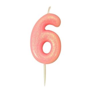 CLEARANCE - Age 6 Glitter Numeral Moulded Pick Candle Pink