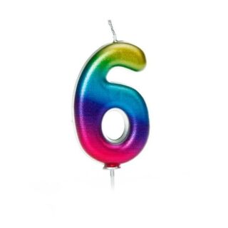 CLEARANCE - Age 6 Metallic Numeral Moulded Pick Candle Rainbow