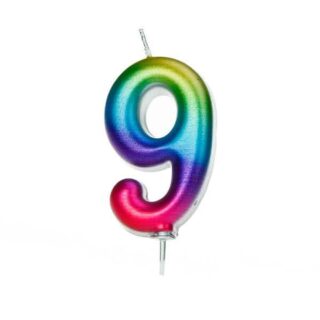 CLEARANCE - Creative Party - Age 9 Metallic Numeral Moulded Pick Candle Rainbow - AHC06/9