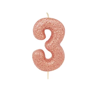 CLEARANCE - Age 3 Glitter Numeral Moulded Pick Candle Rose Gold - AHC50/03 - Creative Party