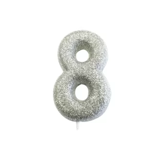 CLEARANCE - Age 8 Glitter Numeral Moulded Pick Candle Silver