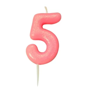 CLEARANCE - Age 5 Glitter Numeral Moulded Pick Candle Pink