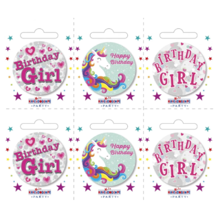 Birthday Girl Small Badges (6 assorted per perforated card) - 5.5cm -BA5201
