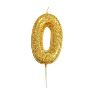 CLEARANCE - Age 0 Glitter Numeral Moulded Pick Candle Gold