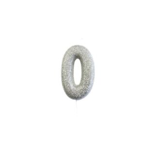 CLEARANCE - Age 0 Glitter Numeral Moulded Pick Candle Silver