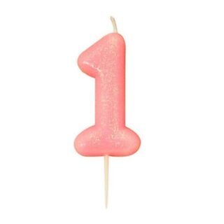 CLEARANCE - Age 1 Glitter Numeral Moulded Pick Candle Pink
