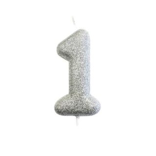 CLEARANCE - Age 1 Glitter Numeral Moulded Pick Candle Silver