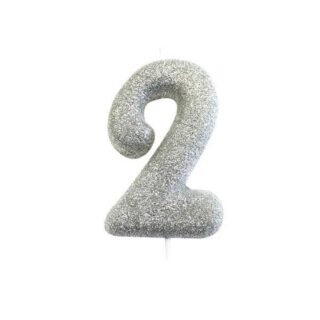 CLEARANCE - Age 2 Glitter Numeral Moulded Pick Candle Silver