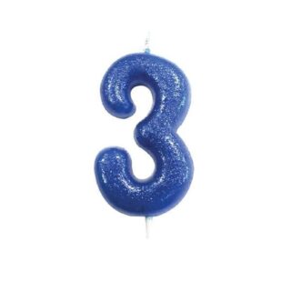 CLEARANCE - Age 3 Glitter Numeral Moulded Pick Candle Blue