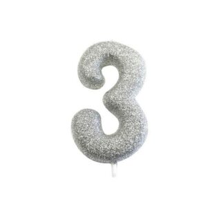 CLEARANCE - Age 3 Glitter Numeral Moulded Pick Candle Silver