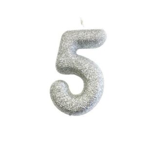 CLEARANCE - Age 5 Glitter Numeral Moulded Pick Candle Silver