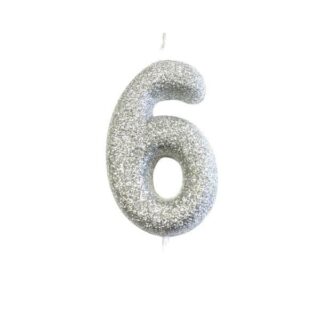 CLEARANCE - Age 6 Glitter Numeral Moulded Pick Candle Silver