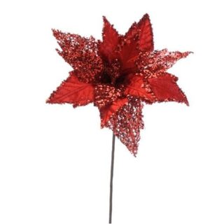 Festive - red velvet poinsettia glitter stem - 45cm - P035382