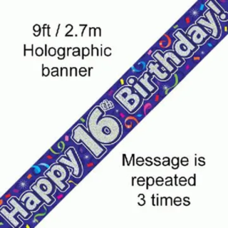 Banner 16th Birthday Streamers Holographic - 9ft - Single - 624177