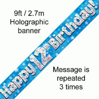 9ft Banner Happy 12th Birthday Blue Holographic