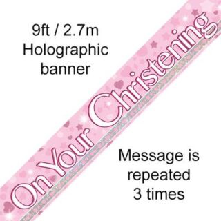 9ft Banner Christening Pink Holographic Dot