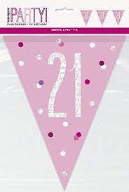 Birthday Pink Glitz Number 21 Flag Banner, 9 ft
