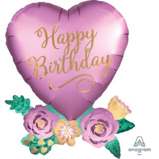Anagram Happy Birthday Satin Heart with Flowers SuperShape Foil Balloons 23"/58cm w x 30"/76cm h P35