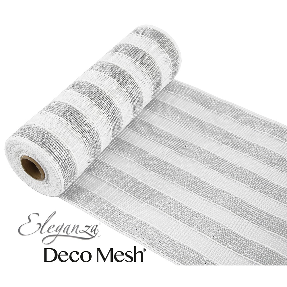 Deco Mesh Metallic Silver & White Stripe 25cm x 9.1m Pattern No.265 - 651487
