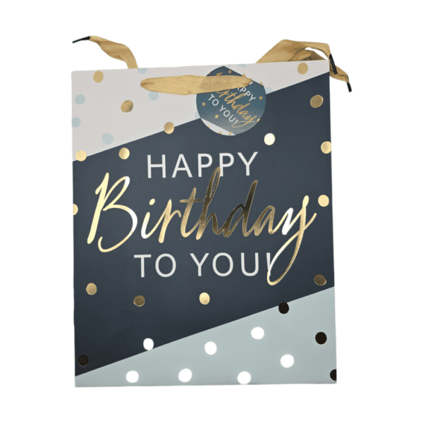 Large blue gift bag with a "Happy Birthday" design, model TUEV-203L. Perfect for carrying large gifts securely, made from durable materials.