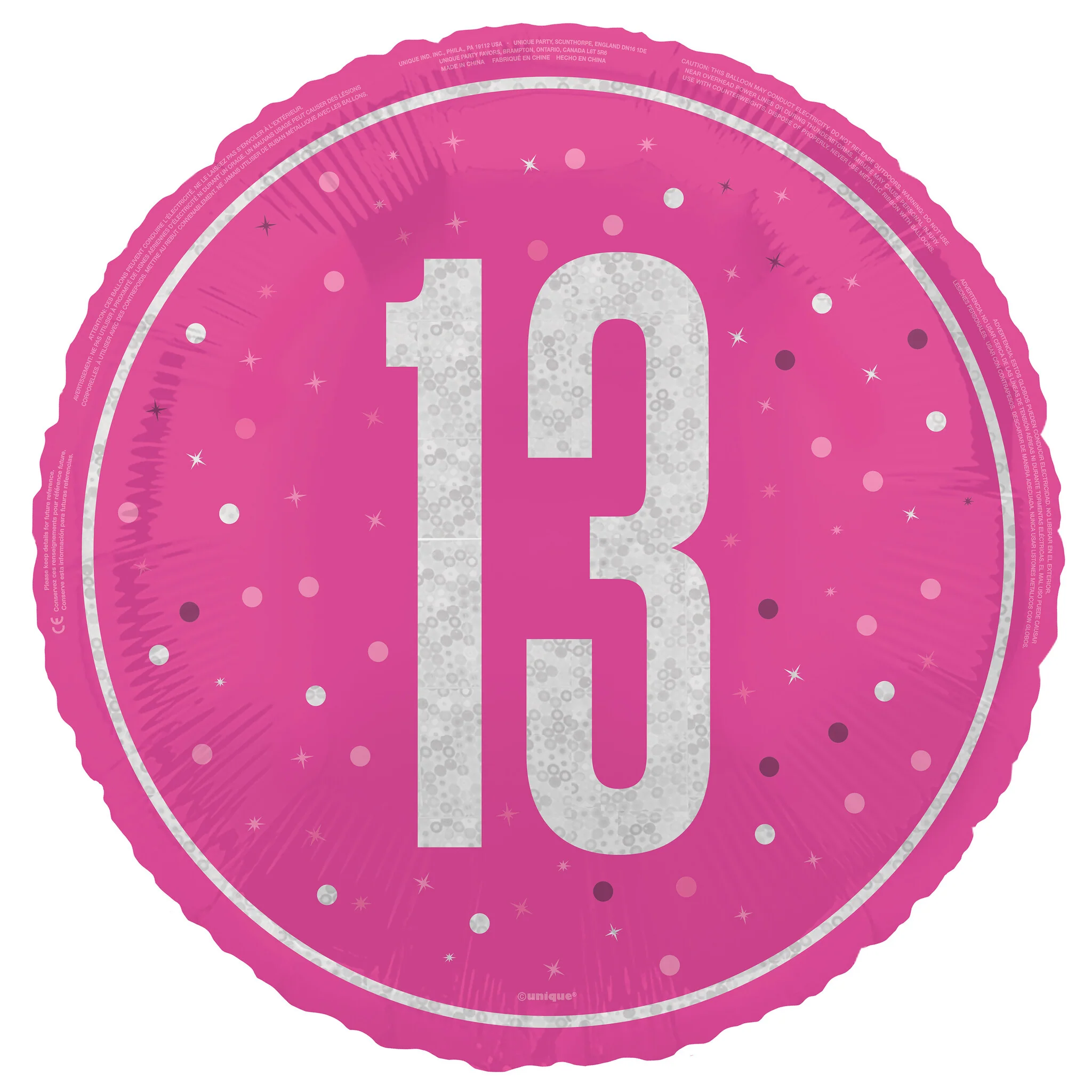 Unique - 18" GLITZ Pink 13 Prism Foil Balloon, Round - 82287