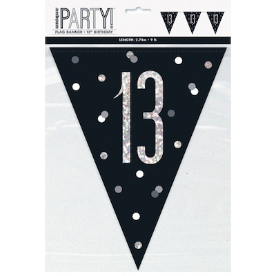Birthday Black Glitz Number 13 Flag Banner, 9 ft