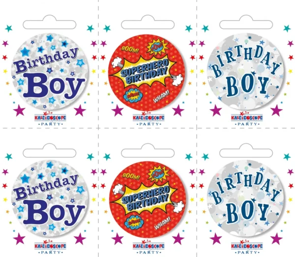 Birthday Boy Small Badges (6 assorted per perforated card) (5.5cm)