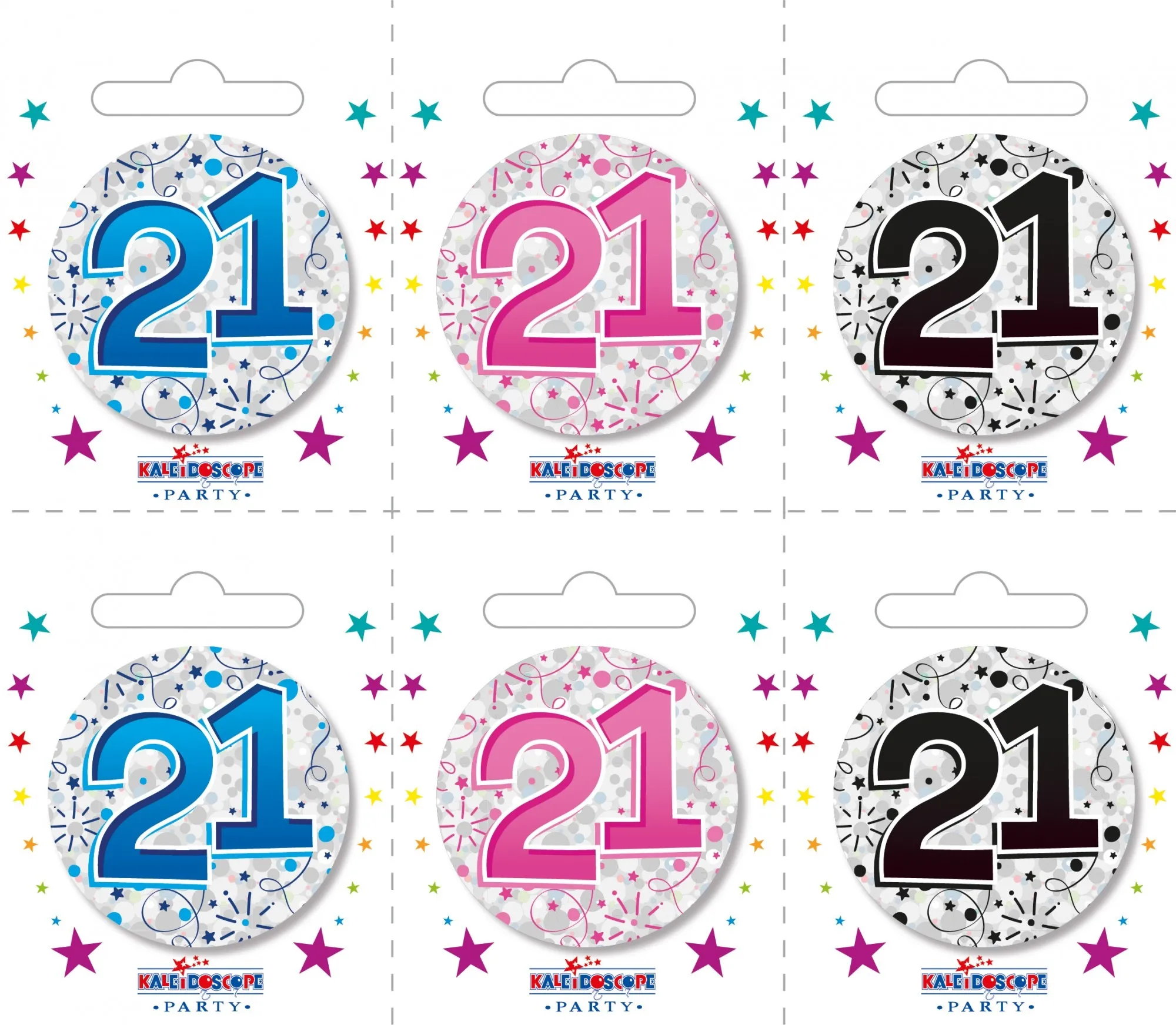 Age 21 Small Badges (6 assorted per perforated card) (5.5cm)*