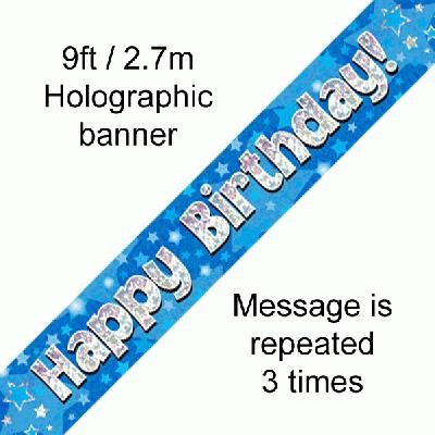 9ft Banner Happy Birthday Blue holographic*