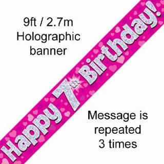 9ft Banner Happy 7th Birthday Pink holographic