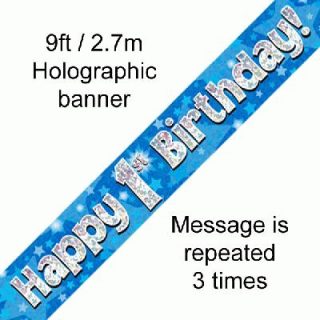 9ft Banner Happy 1st Birthday Blue holographic*