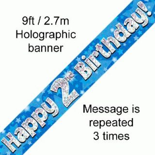 9ft Banner Happy 2nd Birthday Blue holographic*