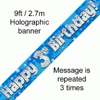 9ft Banner Happy 3rd Birthday Blue holographic*