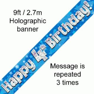 9ft Banner Happy 4th Birthday Blue holographic*